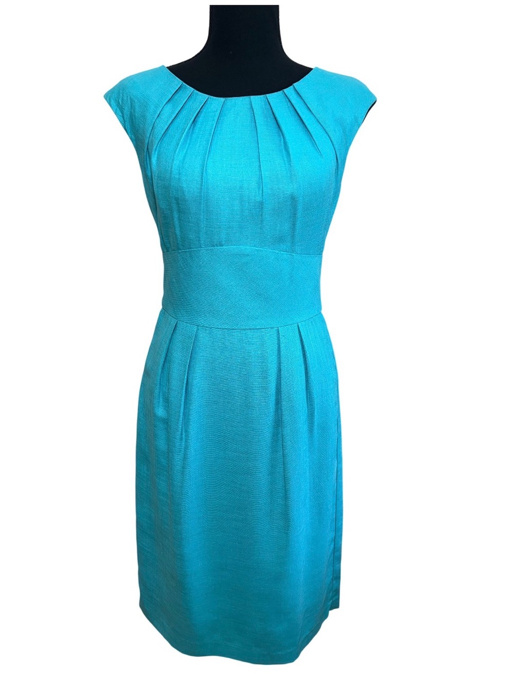 Trina Turk Turquoise Pleated Sheath Dress Sz 2 Boat Neck Cocktail Career Church